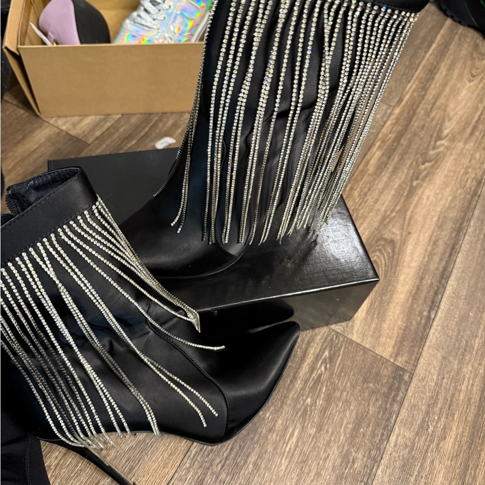 Black and Silver Ankle Boots with Fringe Detail